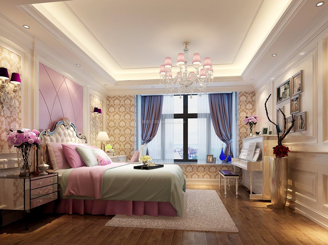 最新欧式女生卧室床头背景墙装修效果图片_装修123效果图
